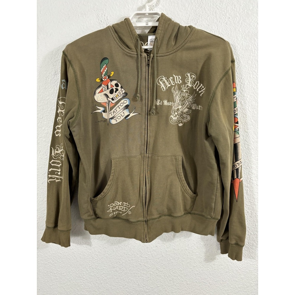 Ed Hardy Christian Audigier Hoodie 3XL Green Death Before Dishonor Y2K *Flaws